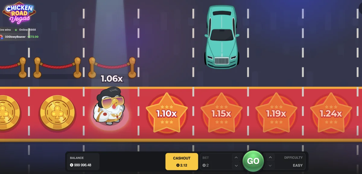 Chicken Road Vegas crash game showing multiplier progression from 1.01x increasing as Elvis chicken crosses road lines on Las Vegas boulevard